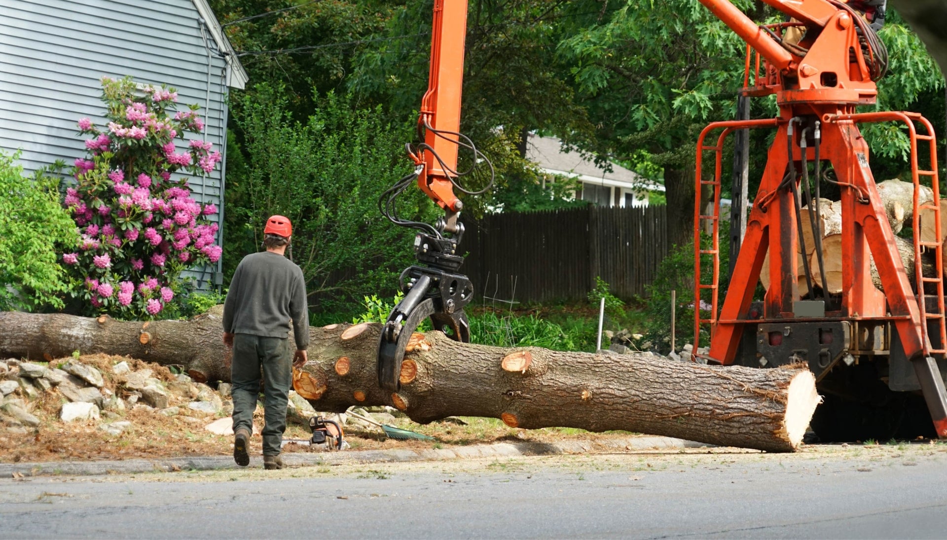 A bark is being picked up by machine in Auburn, Alabama tree removal expert